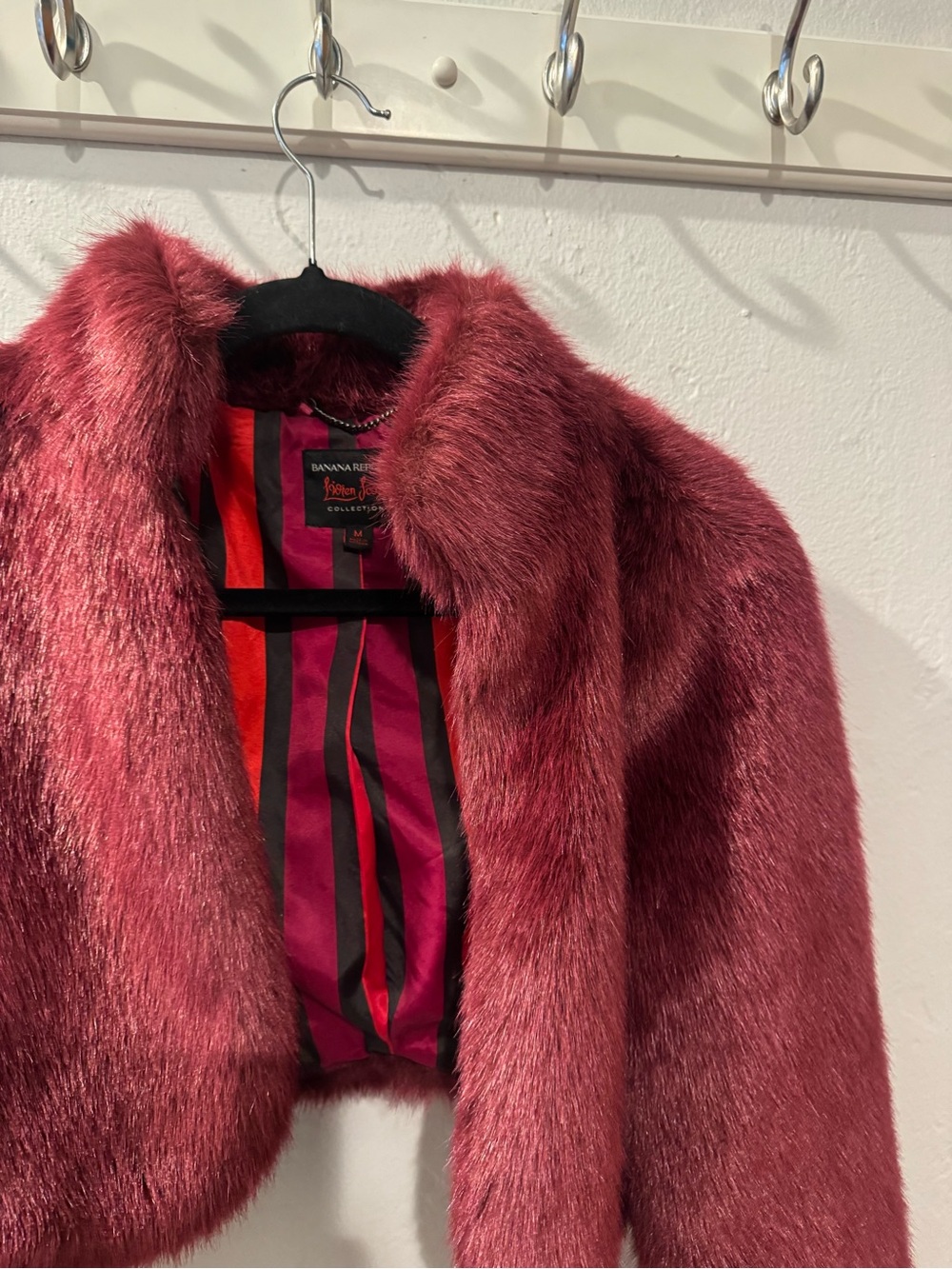 Banana Republic cropped Burgundy Faux-Fur Teddy Jacket with Striped Lining